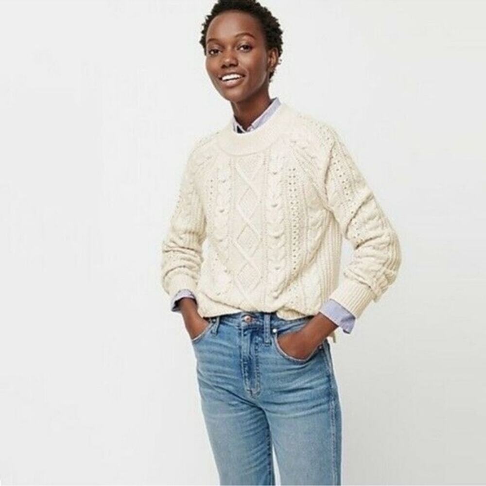 J. Crew Mock Neck Pom Pom Cable Knit Sweater White Medium Preppy Old Money - Picture 2 of 8
